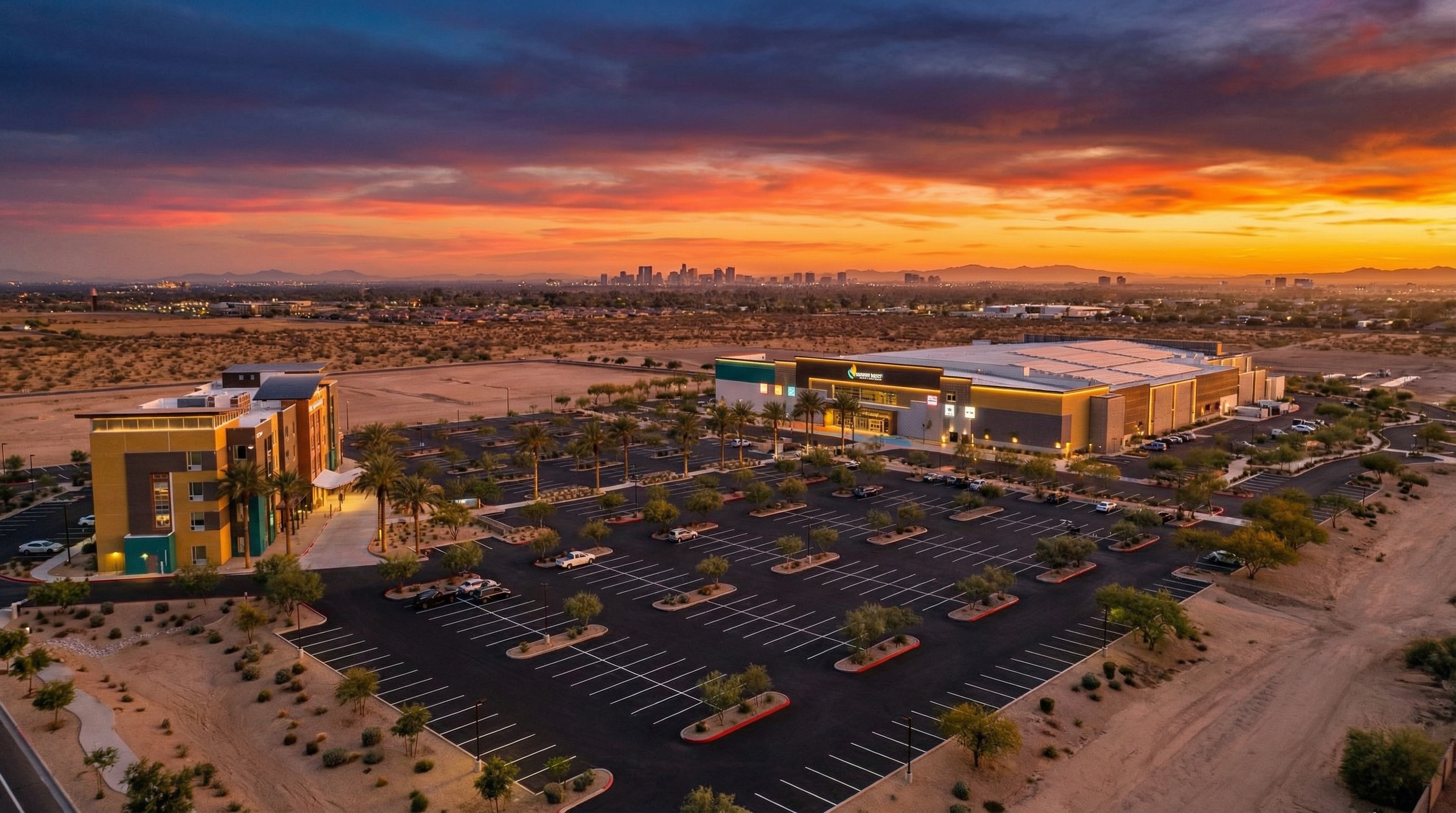 Aerial view of Fire 'n' Ice Sports Arena campus showing the full facility footprint