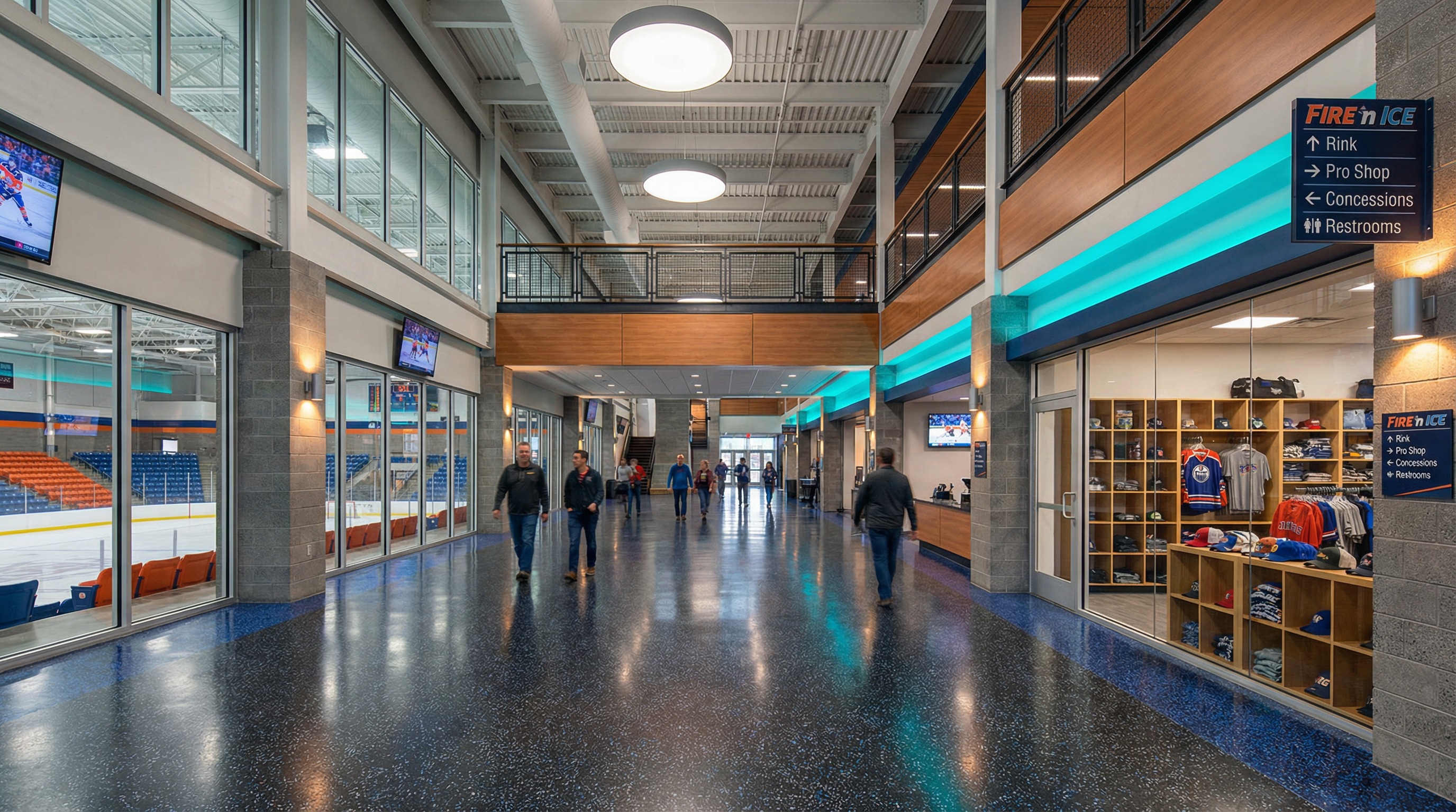 Concourse and common areas at Fire 'n' Ice with digital display screens