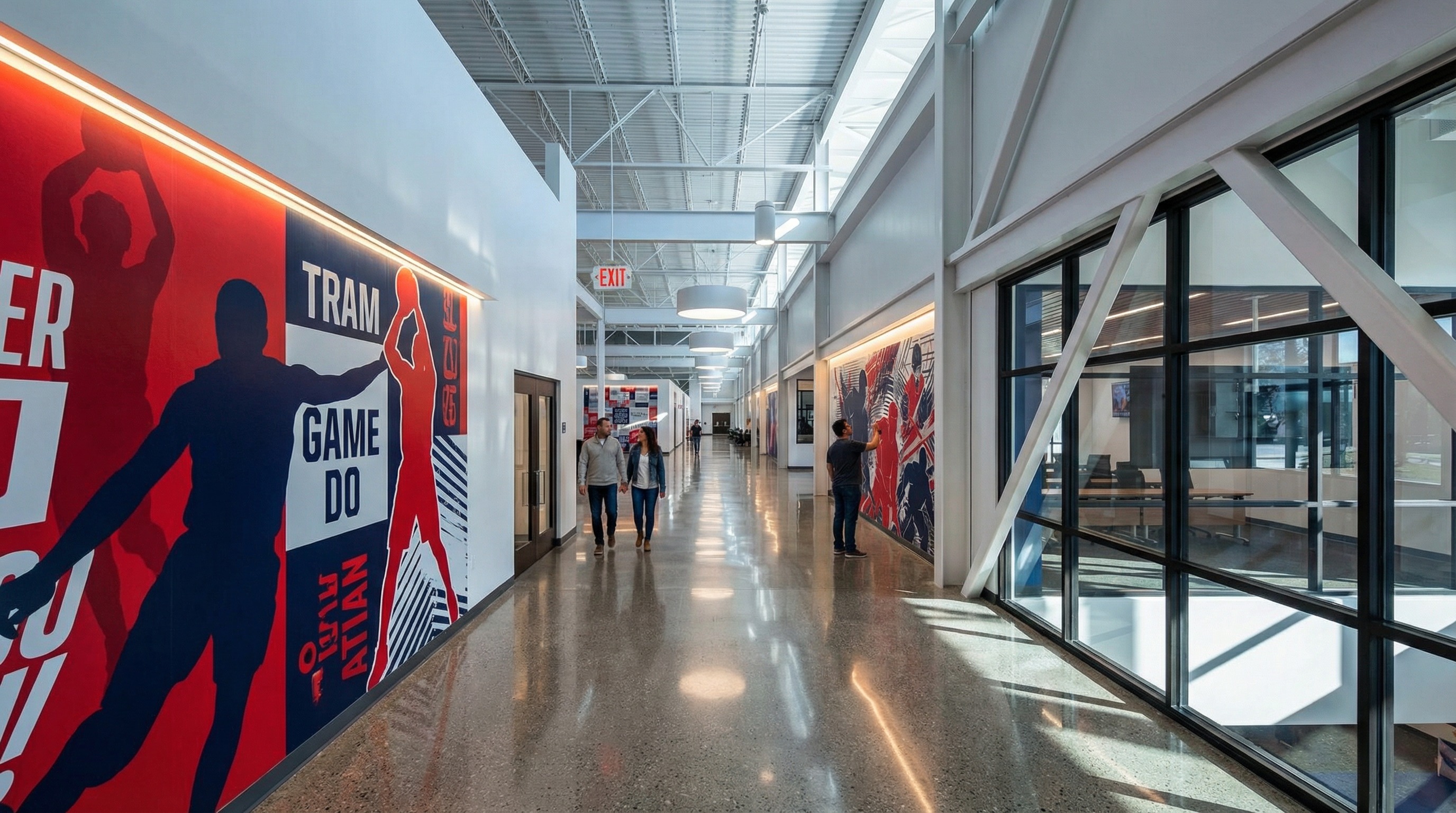 Corridor with sports-themed murals and vendor-ready spaces at Fire 'n' Ice Sports Arena