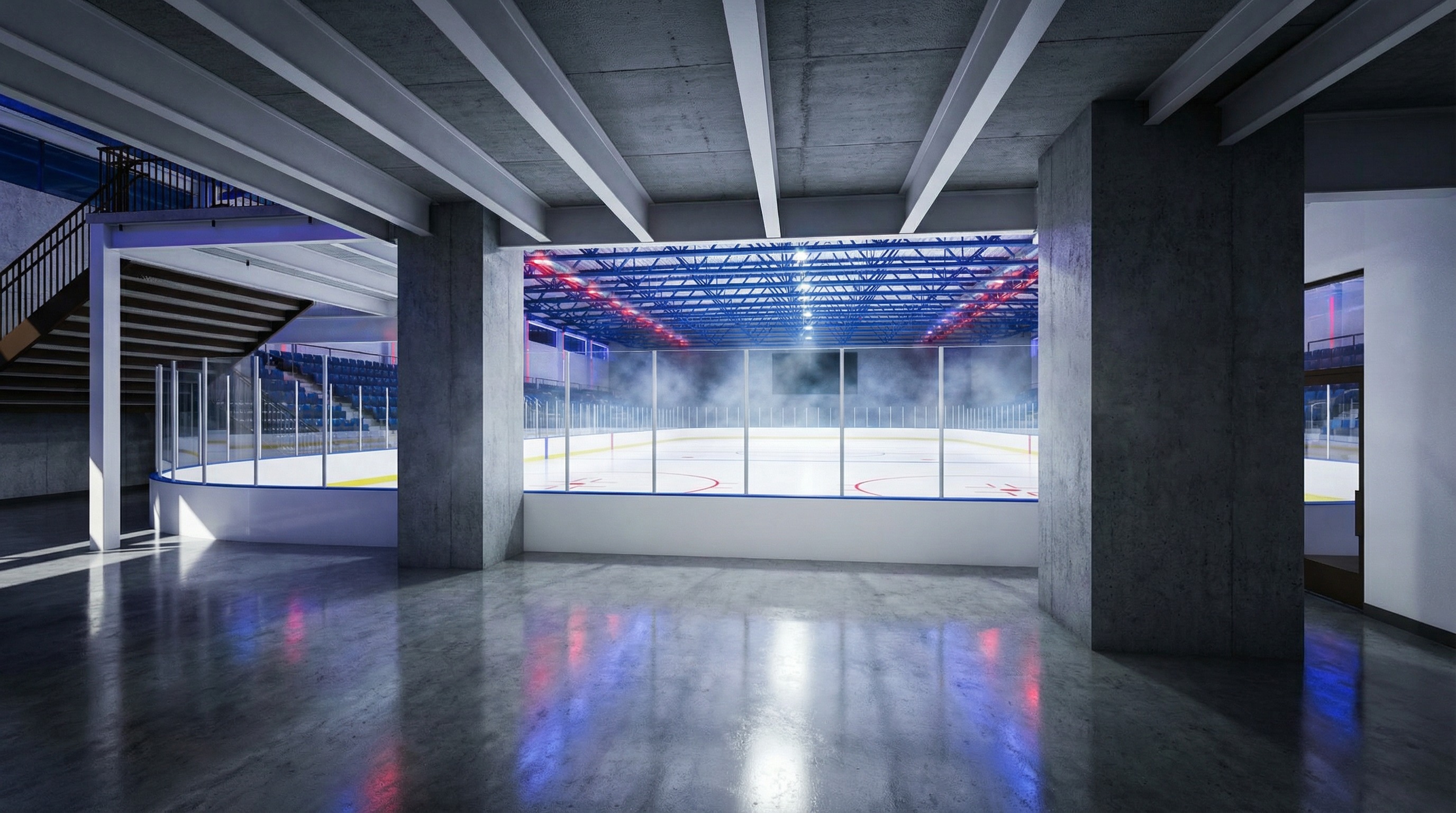 Dasher board advertising panels along the main rink at Fire 'n' Ice Sports Arena