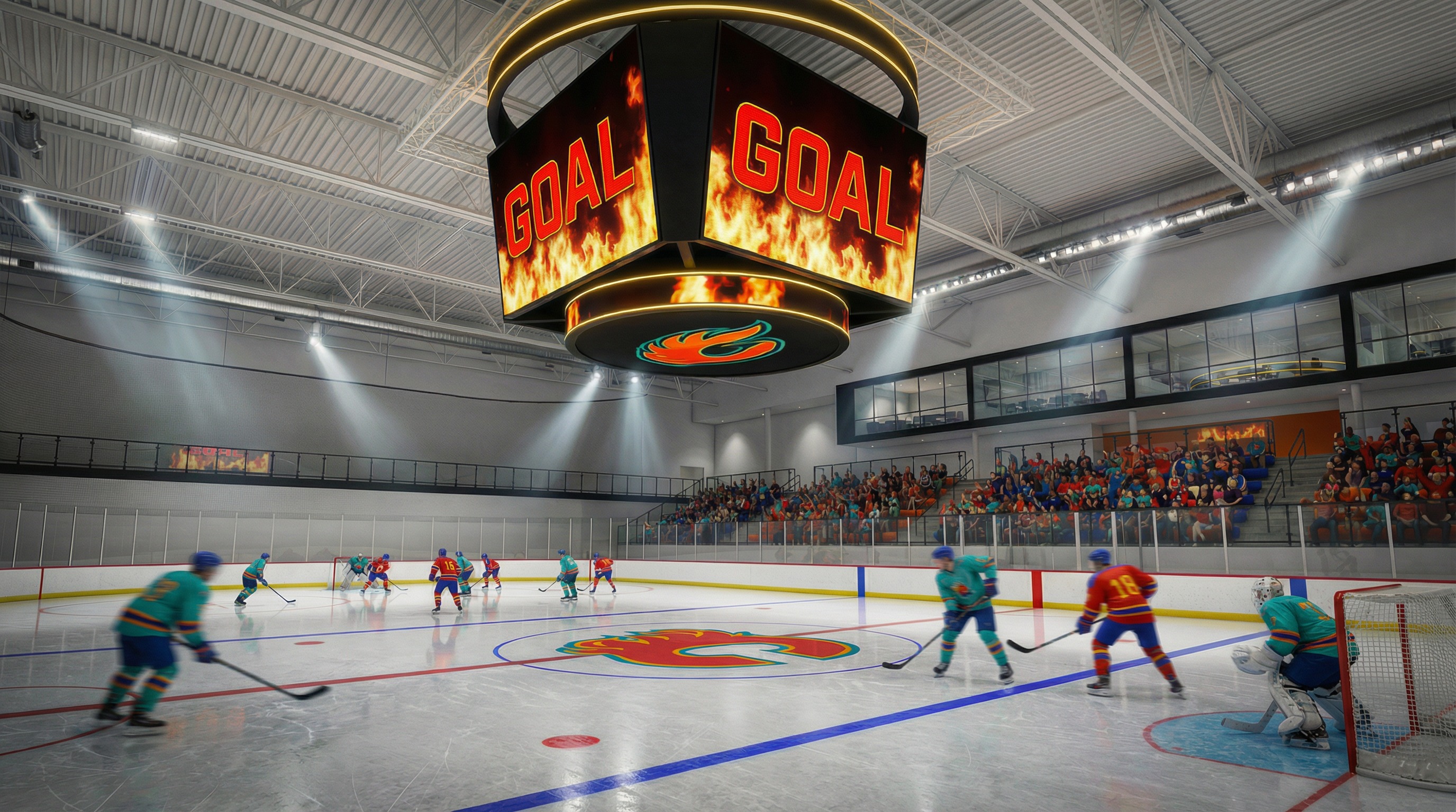 Main rink with center-hung jumbotron at Fire 'n' Ice Sports Arena