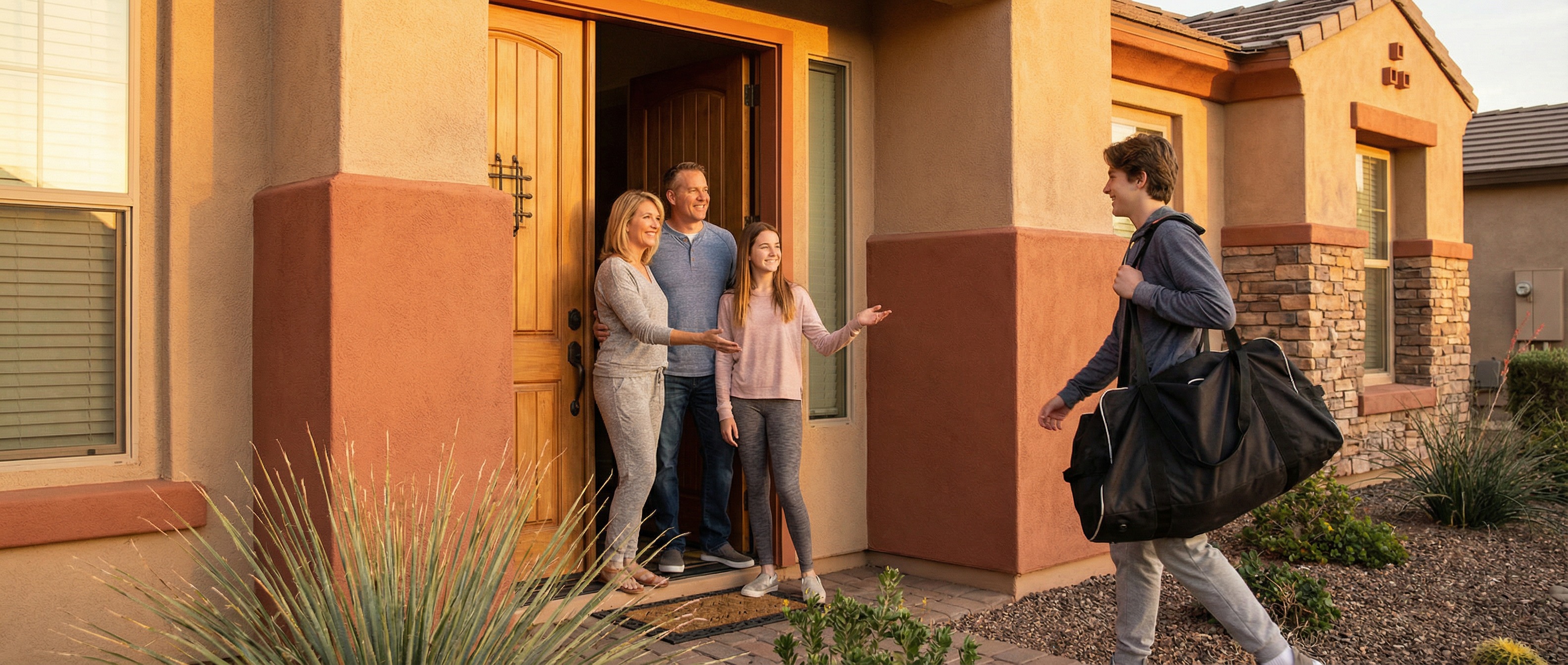 Welcoming host family greeting a hockey player at their Phoenix home