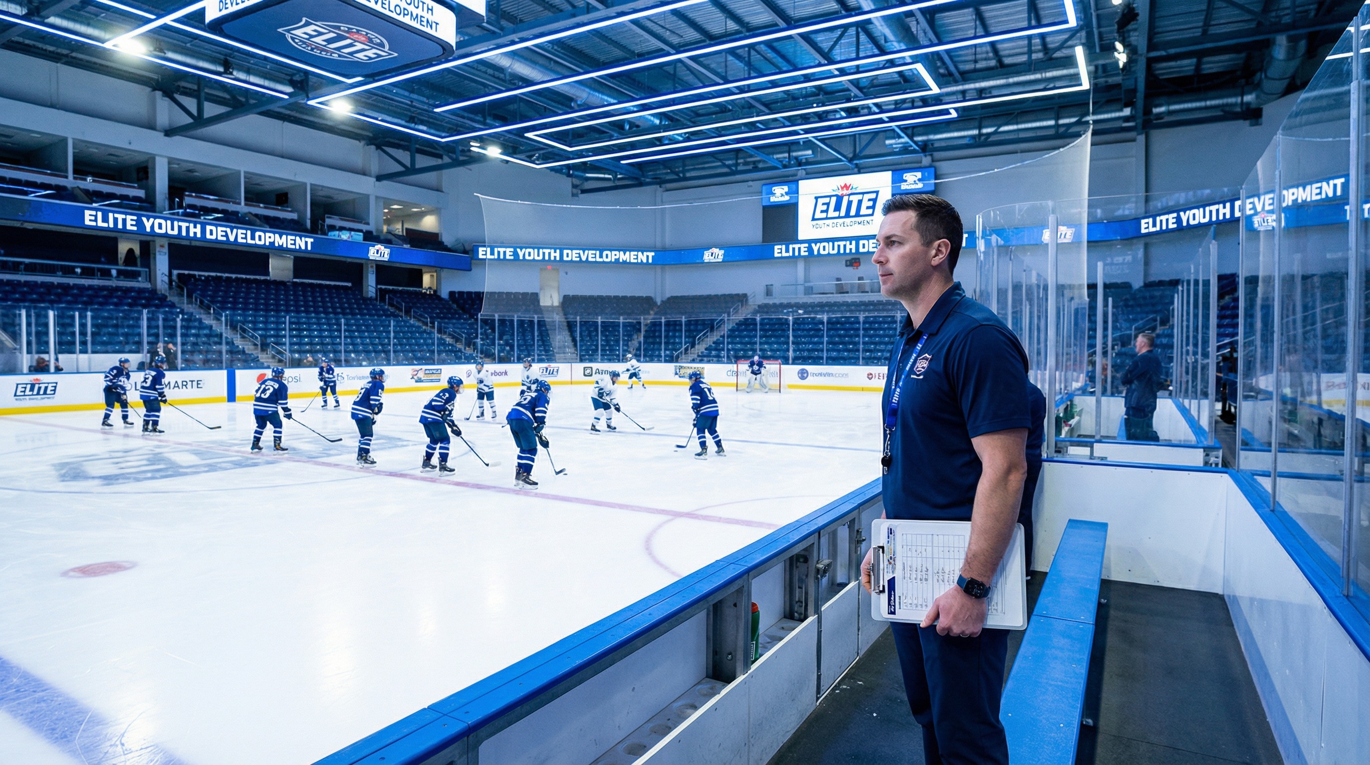 Safety coordinator overseeing youth hockey practice at a professional arena
