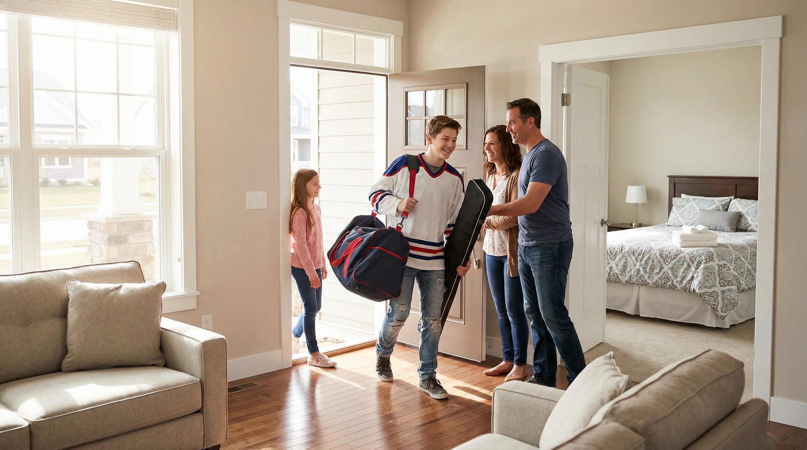 Hockey player arriving at his billet family home on move-in day