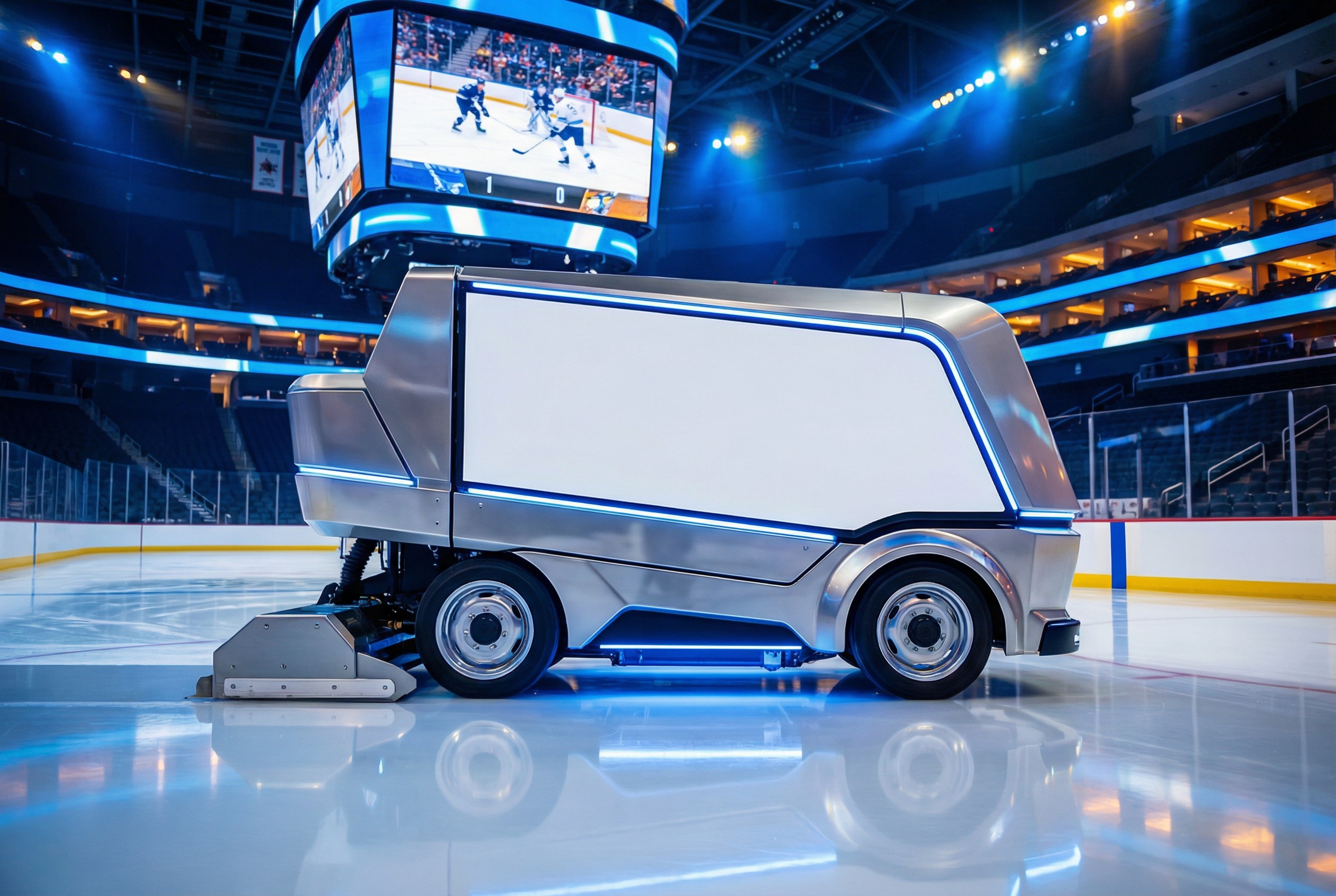 AI self-driving Zamboni resurfacing the ice at Fire 'n' Ice Sports Arena