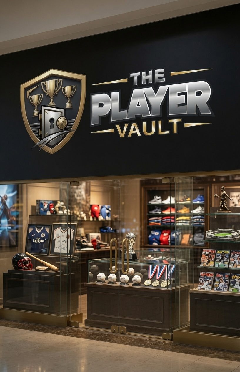 The Player Vault interior showing multi-sport equipment displays and glass showcases